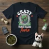 Crazy French Bulldog Auntie t-shirt with a green French Bulldog head on a tombstone, surrounded by green smoke