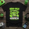 Crazy Jelly Gamer T-Shirt with a green jelly character playing an arcade game. Features the text "CRAZY JELLY GAMER" in