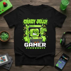 Crazy Jelly Gamer T-Shirt with a green jelly character playing an arcade game. Features the text "CRAZY JELLY GAMER" in