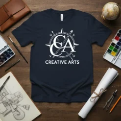 Navy t-shirt with white "Creative Arts" text and a compass design featuring paintbrushes and pencils