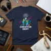 CREATIVE DEPT text on a navy blue t-shirt with a graphic of a lightbulb containing a brain and abstract city