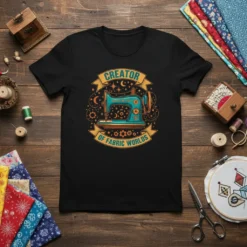 Creator of Fabric Worlds t-shirt with a teal vintage sewing machine, stars, and moons graphic