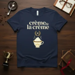 Crème de la Crème text and coffee cup graphic on navy t-shirt, perfect for coffee lovers