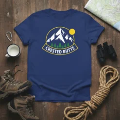 Crested Butte mountain logo t-shirt with trees and sun, for hikers and outdoor adventurers