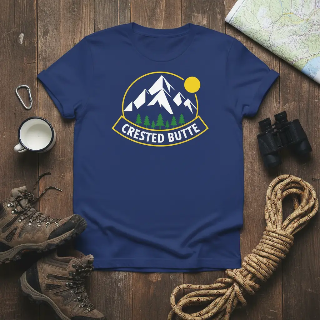 Crested Butte mountain landscape graphic t-shirt design for outdoor adventurers and travel enthusiasts