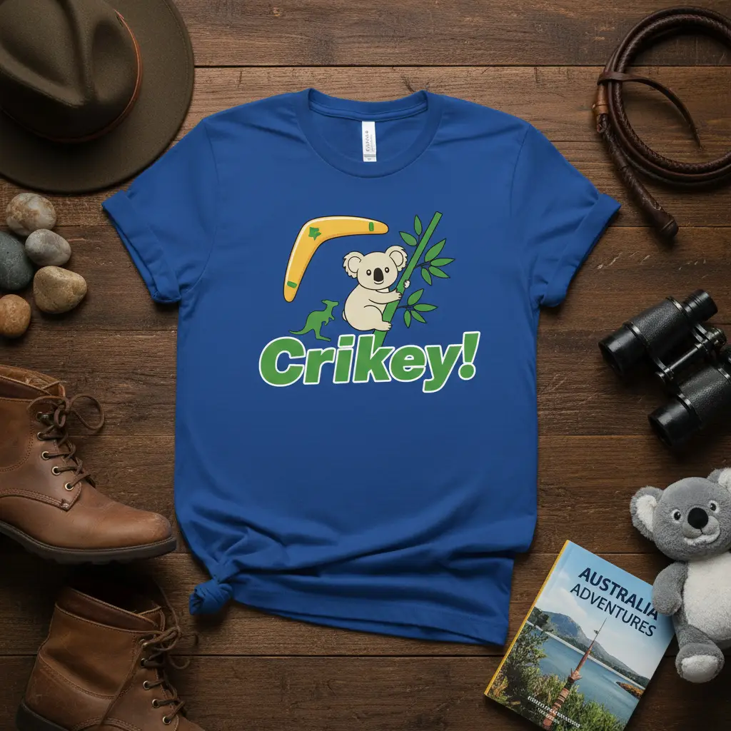 Crikey Koala Boomerang Kangaroo T-Shirt featuring cartoon koala, boomerang, kangaroo, and green text