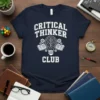 Critical Thinker Club t-shirt design with white typography, brain lightbulb graphic, and open books