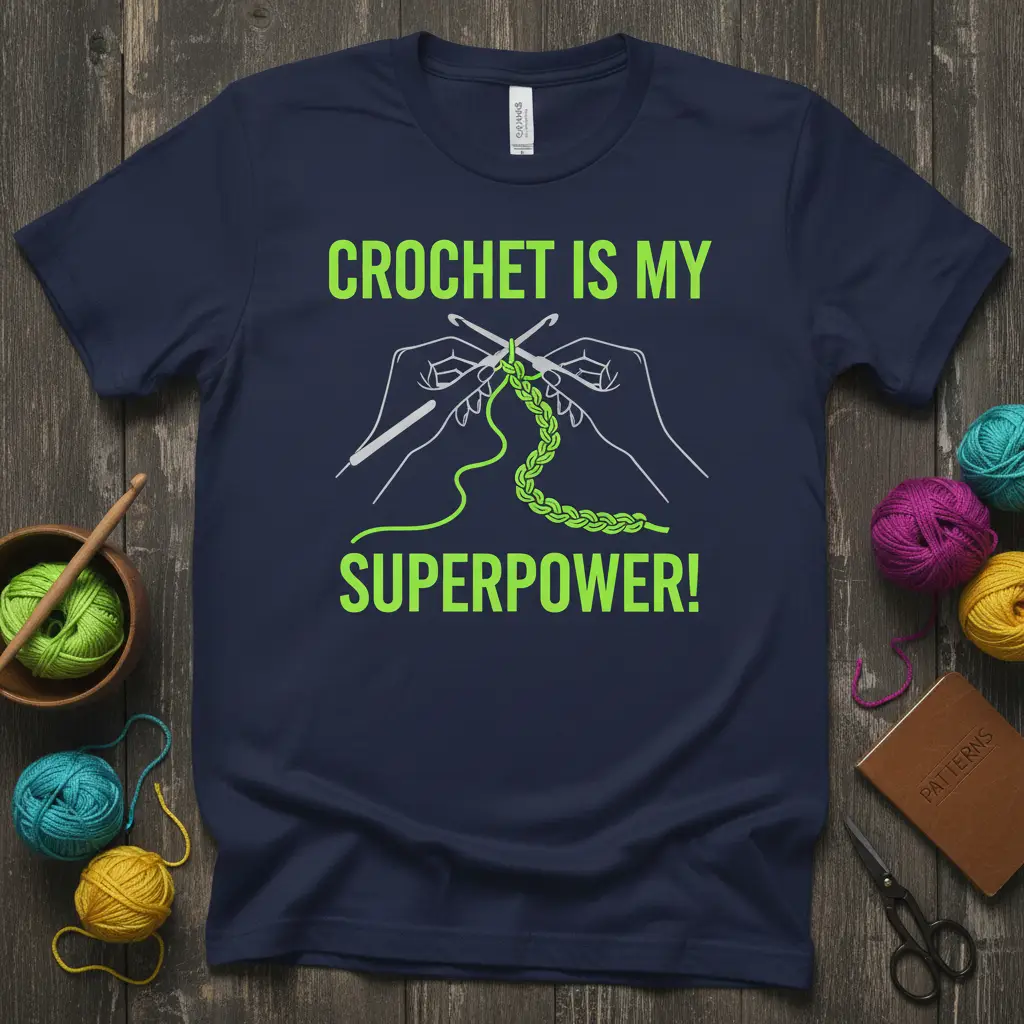 Crochet Is My Superpower quote with hands and crochet hooks illustration on a dark t-shirt
