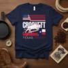 Navy t-shirt with "Crockett Jasmine Texas Tough" text, a bull graphic, and American and Texas flags