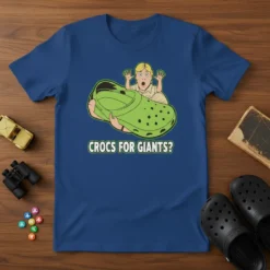 Crocs For Giants? text design on a blue t-shirt featuring a cartoon character holding a giant green croc shoe