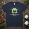 Crossed Oaks Haven t-shirt design with a rustic cabin inside intertwined oak trees