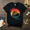 Cruise Mode On text with a vintage sunset and cruise ship graphic on a black t-shirt