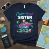 Cruise Squad Sister 2025 design with a colorful cruise ship, palm trees, and fireworks on a navy t-shirt