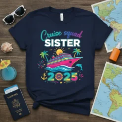 Cruise Squad Sister 2025 design with a colorful cruise ship, palm trees, and fireworks on a navy t-shirt