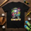 Crush It baseball ice cream character t-shirt design with neon splatter effect and bold yellow text