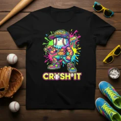 Crush It baseball ice cream character t-shirt design with neon splatter effect and bold yellow text