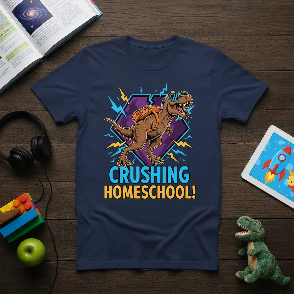 Crushing Homeschool! text and T-Rex graphic on a navy blue t-shirt for kids