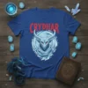 Crydhar t-shirt design featuring a red-eyed, horned creature with a scarf, set against a blue circular background. The text "CRYDHAR"