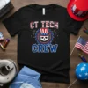 CT TECH CREW text with a skull in a top hat and gear graphic, patriotic colors, on a black t-shirt