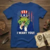 Cthulhu dressed as Uncle Sam pointing and saying "I Want You!" on a blue t-shirt with American flag background