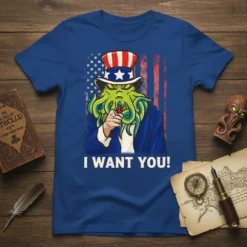 Cthulhu dressed as Uncle Sam pointing and saying "I Want You!" on a blue t-shirt with American flag background