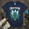 Navy t-shirt featuring "Cthulhu Invasion 2024" text and a green Cthulhu monster with UFOs above, designed for horror fans