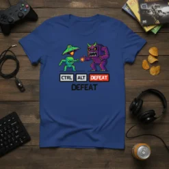 Pixel art design featuring the text Ctrl Alt Defeat Defeat, with two retro video game characters battling