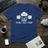 Ctrl Alt Nap t-shirt design with computer keyboard keys and a pendulum clock graphic