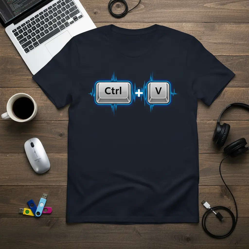 Ctrl + V keyboard shortcut design with blue pulse graphic on navy t-shirt