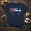 CUBA text design featuring the Cuban flag colors and a row of white stars below, printed on a navy blue