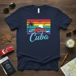 Navy t-shirt featuring "Cuba" text with a vintage car, palm tree, and rainbow sunset on a beach scene