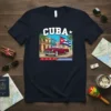 Cuba vintage car flag t-shirt design with a red convertible, palm trees, and Cuban flag