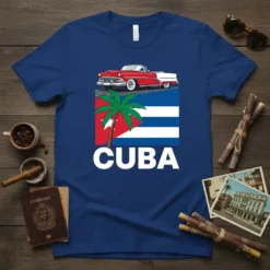 Cuba Vintage Car Palm Tree Flag T-Shirt design with classic red convertible, palm tree, and Cuban flag elements