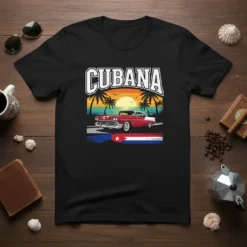 Black t-shirt featuring the word "Cubana" above a vintage red and white car parked next to the Cuban flag