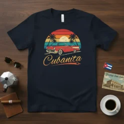 Cubanita text with retro sunset and classic red convertible car design on a navy t-shirt