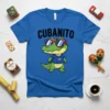 Cubanito t-shirt design featuring a cartoon alligator wearing sunglasses and a blue shirt with the Cuban flag. The word CUBANITO