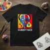 Cubist Face T-Shirt featuring a colorful abstract geometric portrait design and bold typography