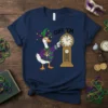 T-shirt design with text "Cuff 'Em" featuring a duck dressed for Mardi Gras by a grandfather clock