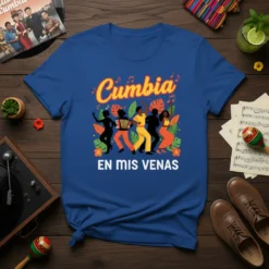 Cumbia En Mis Venas t-shirt featuring dancers, accordion, and musical notes in vibrant colors