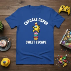 Cupcake Caper Sweet Escape t-shirt featuring a yellow character balancing on cupcakes, with white text