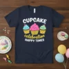 Navy t-shirt with "CUPCAKE celebration HAPPY TIMES" text and three cute cartoon cupcakes wearing party hats