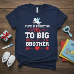 Cupid Is Promoting Me To Big Brother text with a cupid graphic on a navy blue t-shirt