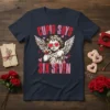 Cupid Says Six Seven text with a vintage cupid graphic wearing heart sunglasses, on a navy t-shirt