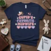 Cupid's Favorite Midwife t-shirt design with heart attributes and baby footprints