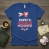 Cupid's Favorite Midwife t-shirt with pink cupid, flower, and text "Cupid's Favorite Midwife Kind Caring"