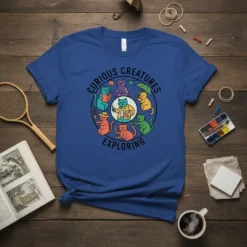 Curious Creatures Exploring text with a circular graphic of various cats engaged in activities like reading and painting, on a