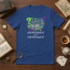 Curiouser and curiouser t-shirt design featuring a whimsical cat surrounded by question marks and gears