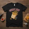 Curly Fry ese text design with a cartoon box of curly fries and a happy face, on a black t-shirt