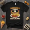 Currywurst Pommes Deutschland text with eagle graphic and plate of sausage and fries, German food t-shirt design