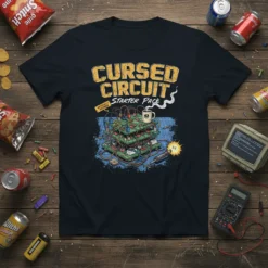 Cursed Circuit Starter Pack T-Shirt with distressed yellow text and a chaotic circuit board graphic